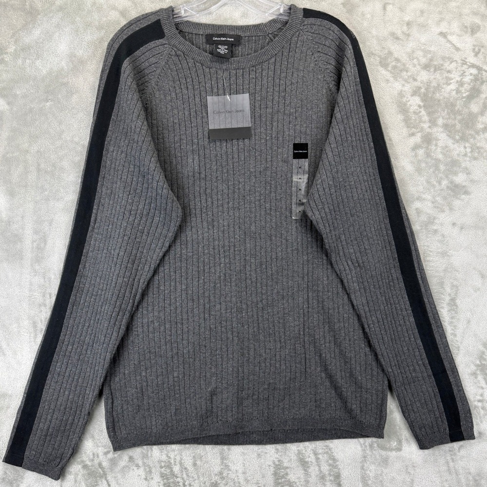 Calvin Klein Jeans Mens XL Gray Ribbed Crewneck Sweater Black Side Stripe New